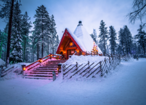 A snowy cabin scene in Finland