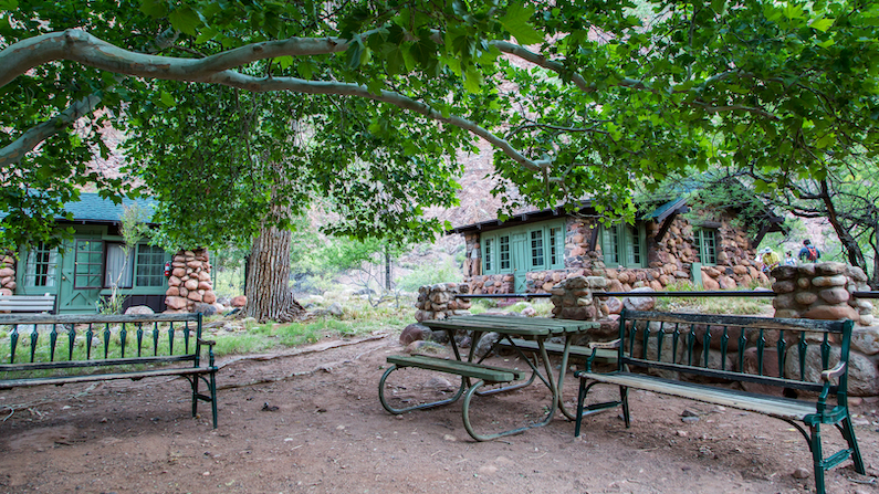 Trees, cabins, and benches at Phantom Ranch in the Grand Canyon, Arizona