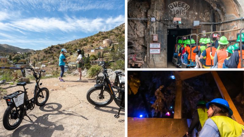 Collage of e bike tour and cave tour in Bisbee, AZ