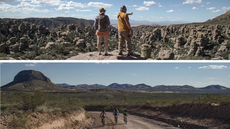 People hiking in Chiricahua National Monument and biking in Douglas, AZ